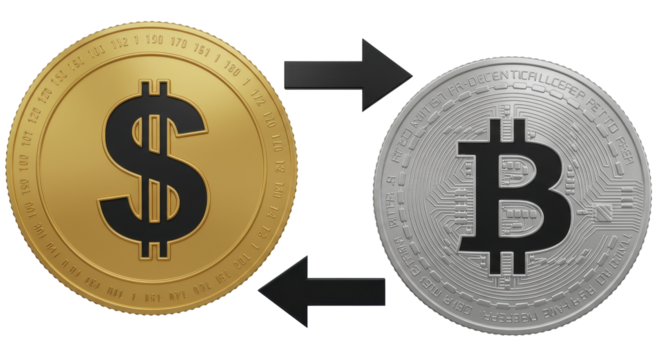 Isolated Dollar and Bitcoin Coins with Arrows, Cryptocurrency Exchange