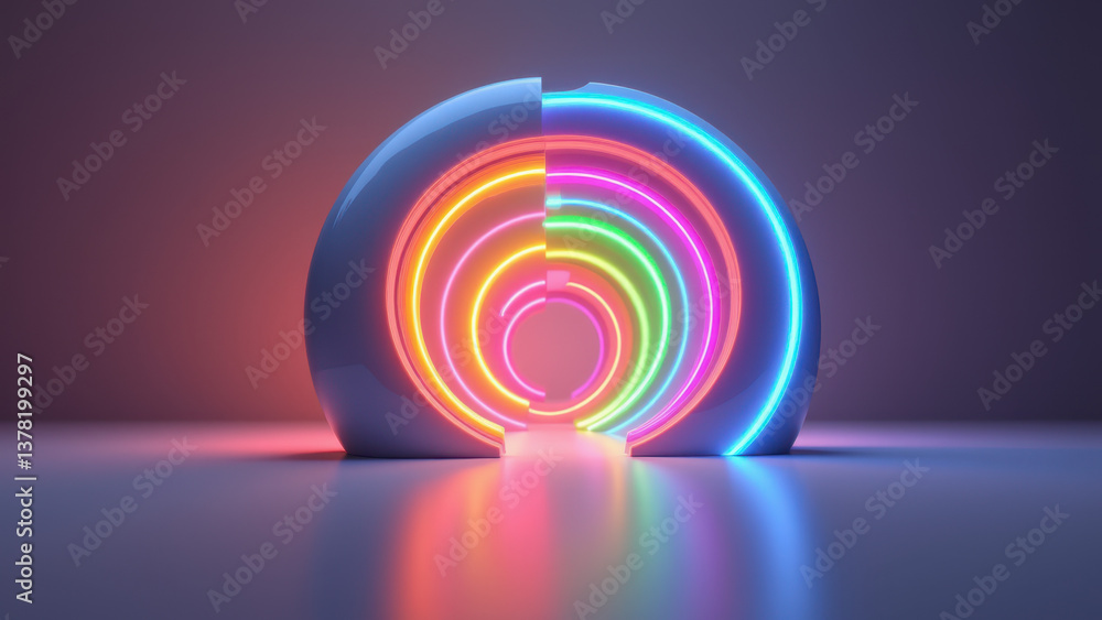 Poster a futuristic circular display featuring an abstract digital design with vibrant colors.