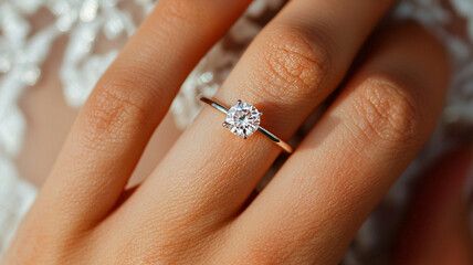 close up of engagement ring on bride hand, showcasing sparkling diamond and delicate band. image captures beauty and emotion of love and commitment