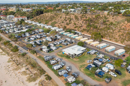 Aerial view of a tourist park full of caravans and cabins