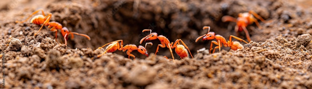 Poster a close-up view of red ants working around their nest, showcasing their intricate behaviors and team