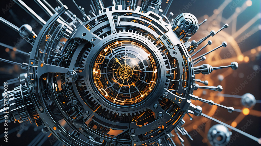 Aufkleber intricate metallic sphere with a glowing central core. complex mechanical details and radial arms su