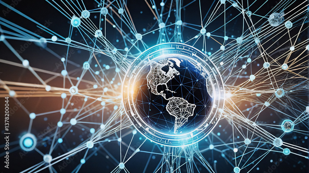 Fototapete global network illustration showing earth sphere connected by lines and nodes, representing intercon