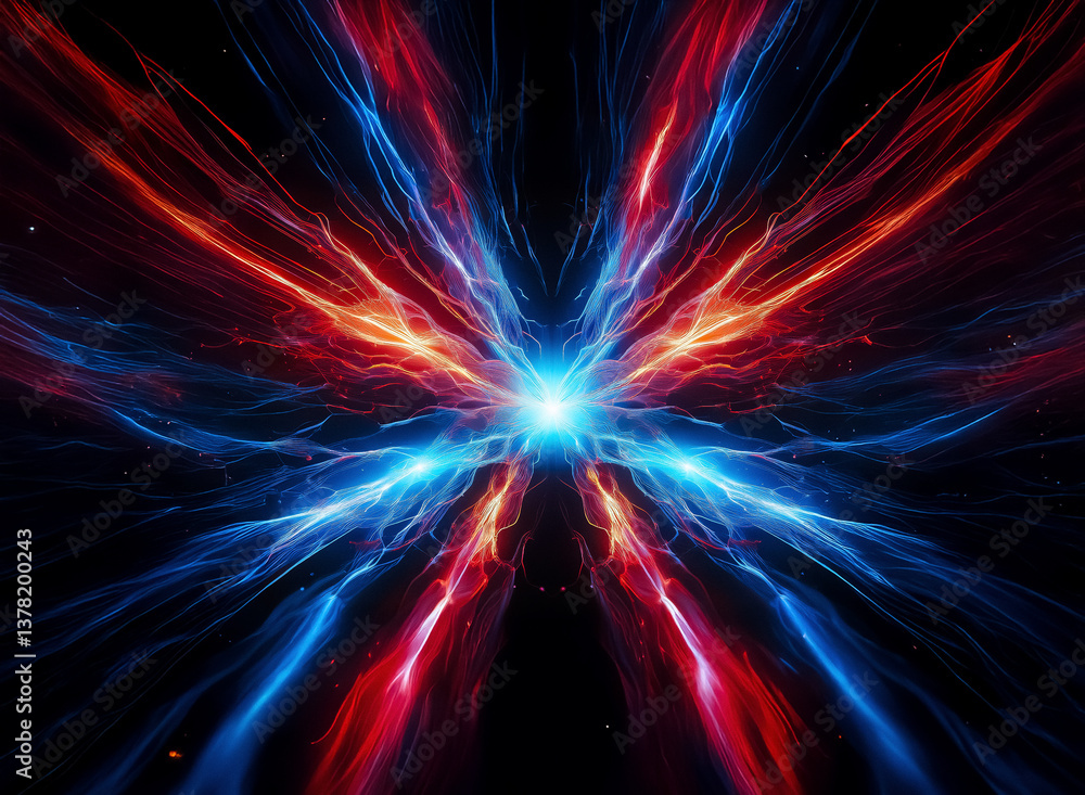 Poster vibrant red and blue light explosion on black background. symmetrical radial pattern with a bright c