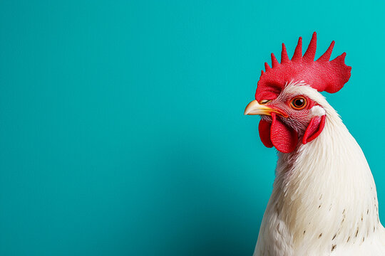 close up portrait of funny chicken with vibrant turquoise background, showcasing its unique features and colorful comb. This captures playful essence of poultry