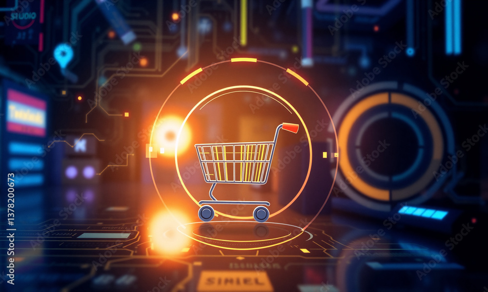 Aufkleber A glowing shopping cart is the focus, set against a digital circuit board backdrop. Orange light radiates from the cart and circular frame, creating a futuristic online retail concept.