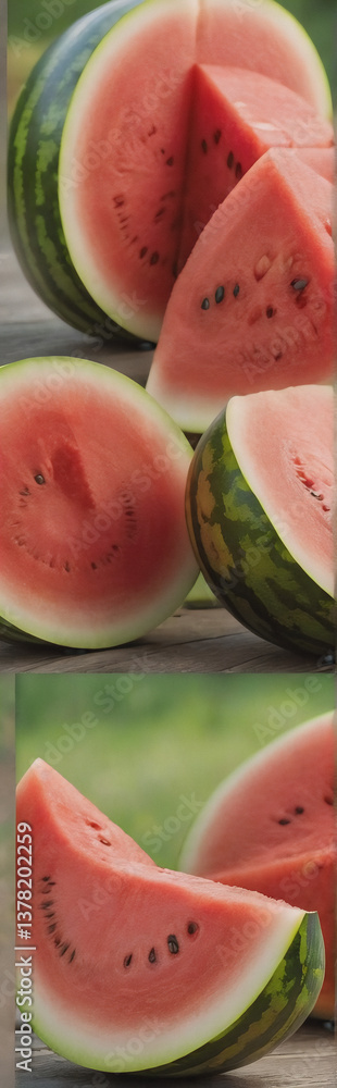 Poster sliced watermelons display juicy red flesh and black seeds on a wooden surface, with whole melons an