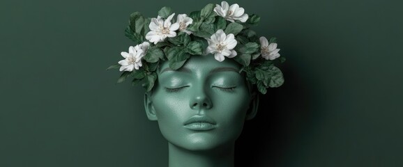 Woman statue, covered in monochromatic green hue, adorned with flowers, in studio