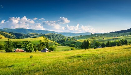 Obraz premium beautiful countryside of romania picturesque outskirts sunny day wonderful summer landscape in mountains green field and rolling hills rural scenery cluj region