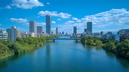 Fototapeta premium A tranquil river flows through a vibrant cityscape under a bright summer sky showcasing modern architecture and lush green trees.