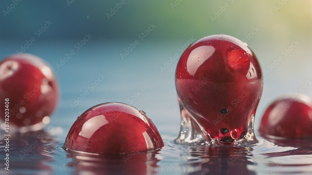 Aufkleber red berries partially submerged in clear water create ripples and splashes. a vibrant close-up shot 