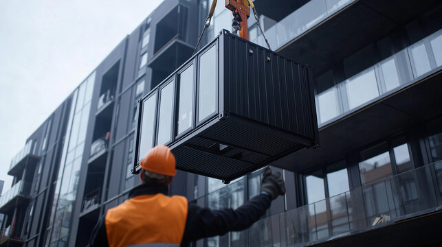 Close-up of a modular living container with a contemporary design, the balcony fully integrated into its structure, being delicately lifted by a crane over an urban apartment compl