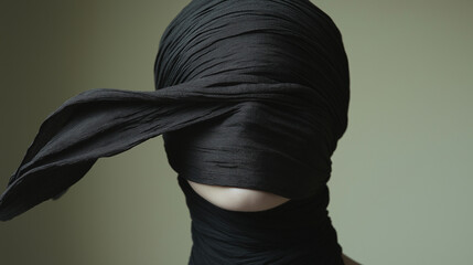 Abstract figure wrapped in flowing black fabric with hidden face — perfect for conceptual art projects, editorial pieces on identity and anonymity