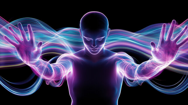 Energetic digital figure with glowing hands and flowing neon aura — ideal for tech event visuals, AI and virtual reality concepts, or futuristic branding focused on human potential
