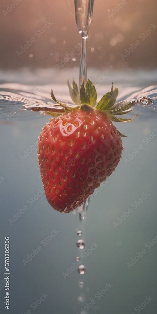 Poster a ripe red strawberry is submerged in clear water as water drips onto it, creating a splash. the fru