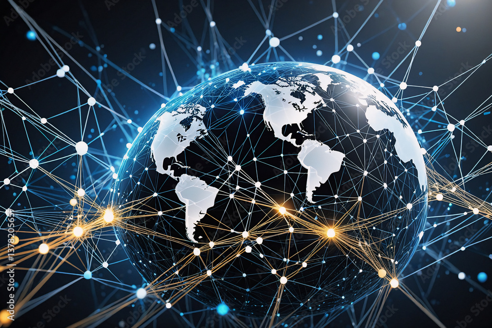 Poster global network connecting continents, depicted with glowing nodes and lines, symbolizing worldwide c