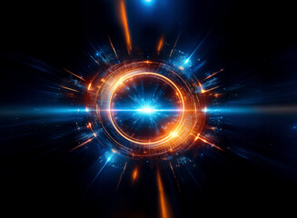 Vibrant digital art shows a circular explosion of blue and orange light on a black backdrop, resembling a powerful energy portal.