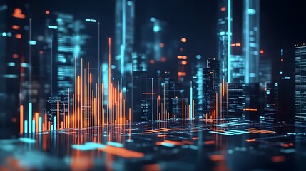 Futuristic city skyline with glowing data graphs and lines image