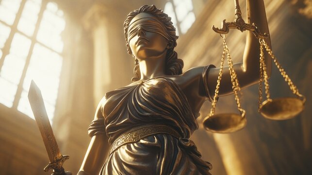 A majestic statue of Lady Justice (Themis) blindfolded, holding a set of golden scales in one hand and a sword in the other