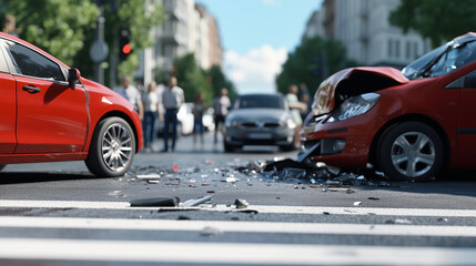 A daytime car accident scene with two small vehicles collided at a crosswalk, airbags deployed, and bystanders watching with concern as the drivers exit their damaged cars