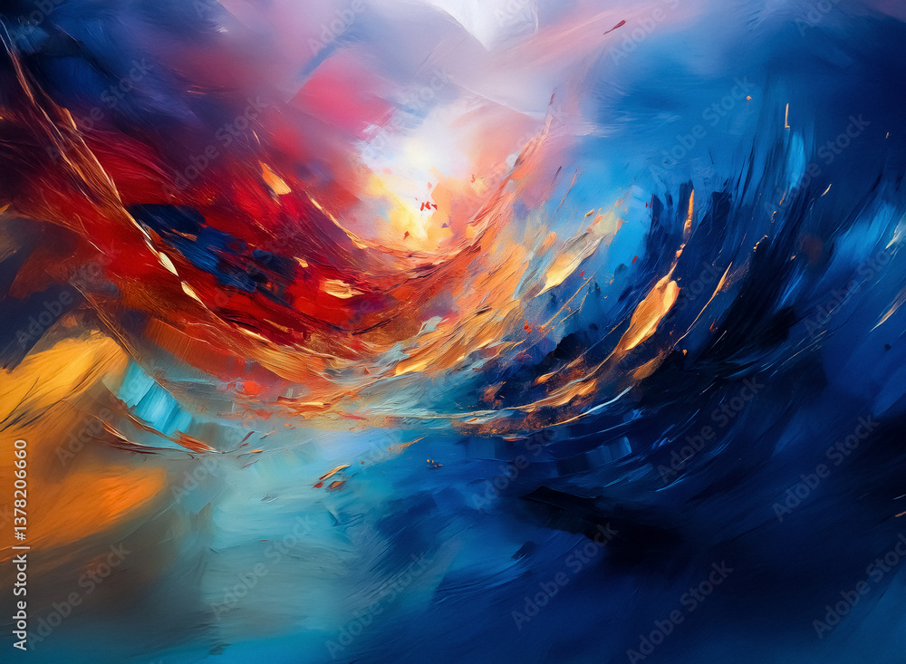 Poster an abstract painting with swirling brushstrokes of deep blue, fiery red, and vibrant orange hues cre
