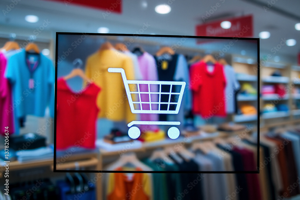 Poster a white shopping cart icon is superimposed on a blurry background of a clothing store with racks of 