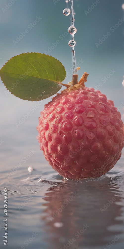 Poster a fresh lychee fruit with a green leaf is getting splashed by water droplets, creating a refreshing 