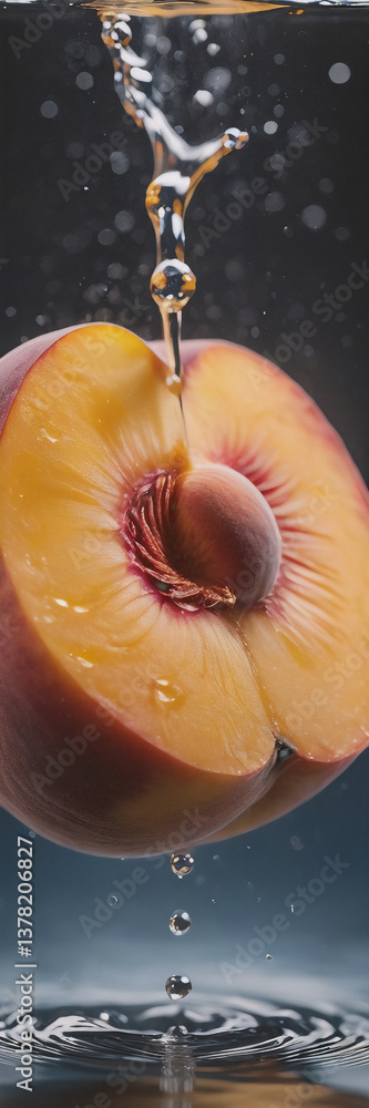 Poster a juicy peach cut in half is splashed by clear water, creating dynamic droplets and ripples against 
