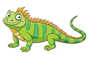 Obraz premium Smiling Green Cartoon Iguana Reptile with Orange Spikes on a White Background