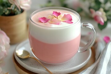 A cute pastel pink latte with rose petals in a glass mug, sitting on a delicate plate, surrounded by flowers.