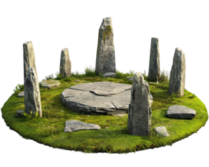 Ancient stone circle surrounded by lush green grass, featuring tall standing stones and flat stone platform at center, evoking sense of mystery and history