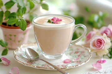 Fototapeta premium A cute pastel latte with rose petals in a glass mug, sitting on a delicate plate, surrounded by flowers.