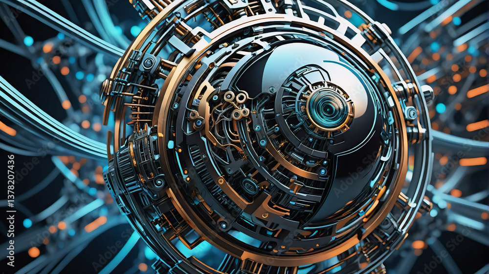 Poster intricate mechanical sphere composed of metallic components and wiring suggests a futuristic, techno