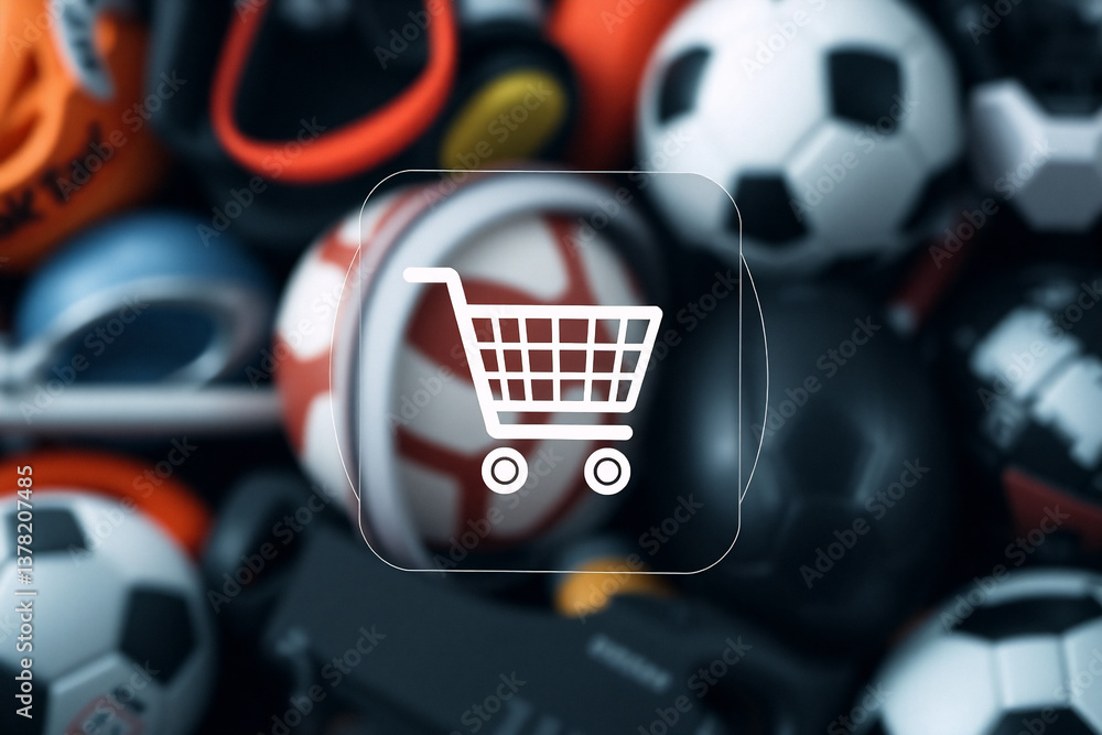 Poster shopping cart icon displayed over a blurred background filled with assorted sports balls, suggesting