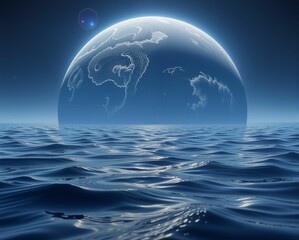 A serene depiction of a glowing planet reflecting above tranquil ocean waters, creating a dreamlike atmosphere.
