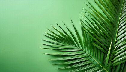 Fototapeta premium Beautiful background with exotic palmtree leaves on a light green nature wallpaper