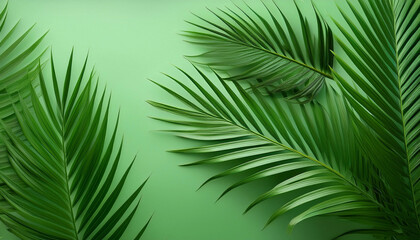 Obraz premium Beautiful background with exotic palmtree leaves on a light green nature wallpaper