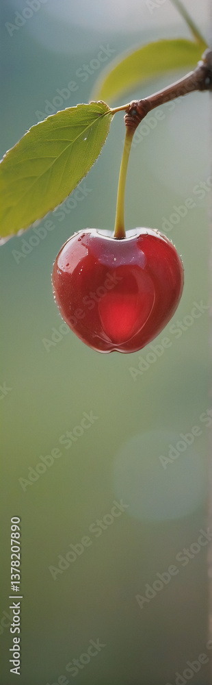 Poster a single, ripe red cherry dangles from a branch with green leaves, creating a vibrant contrast again