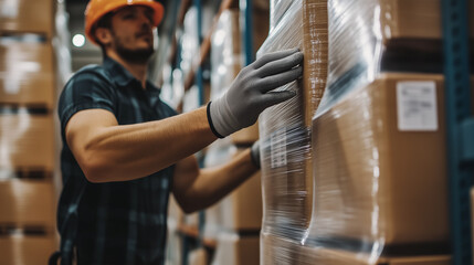 A close-up of a warehouse worker manually applying stretch film around stacked goods, demonstrating the materialâs superior stretchability and adhesion