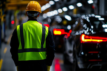 worker in high visibility vest and yellow helmet stands in industrial setting, observing vehicles in production line. atmosphere is focused and professional