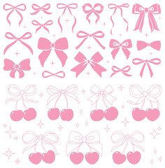 Coquette cherries with gift bow. Vector Illustrations of vintage bows and pink cherry. Cherries with ribbon. Cute trendy line art set. Ribbons isolated. Trendy girls accessories. Cute hairstyle decor