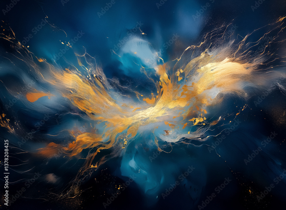 Poster abstract swirling blue and gold paint creates a dynamic and luxurious visual texture with a sense of