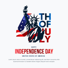 Happy 4th of July USA Independence Day greeting card. Waving american national flag, Statue of Liberty and hand lettering text design. Modern and Minimal vector illustration.