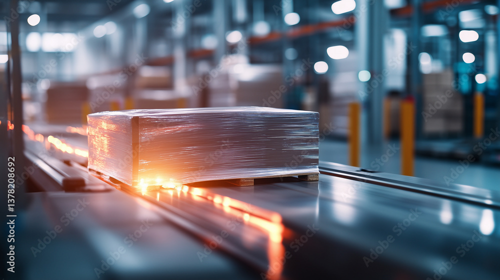 Poster a high-speed automated wrapping machine in action, securing multiple pallets with a durable stretch 
