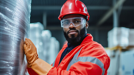 A logistics worker using a handheld dispenser to apply stretch film to a heavy load, highlighting its flexibility and strong wrapping performance