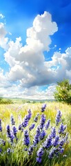 Naklejka premium Breathtaking blooming lavender field under blue sky with fluffy clouds nature scene vibrant landscape serene environment
