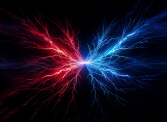 A dynamic image features opposing bolts of red and blue electricity clashing amidst a stark black backdrop.  The vibrant energy creates a powerful contrast, illuminating the darkness with bright, abst