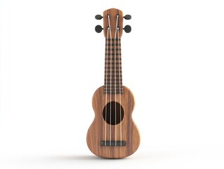 Obraz premium Realistic wooden ukulele with six strings and natural finish, isolated on white background for music themes and creative projects
