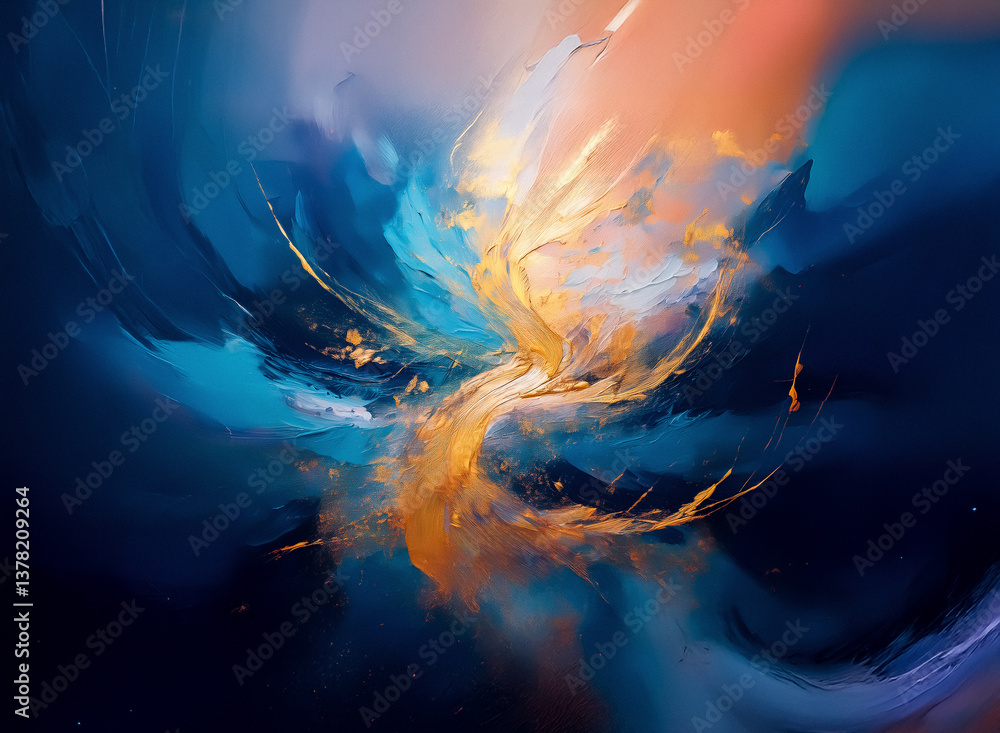 Leinwandbilder abstract artwork featuring swirling brushstrokes of deep blues and vibrant oranges, accented with to