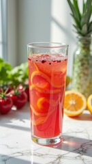 Refreshing citrus berry infused water in sunlit kitchen